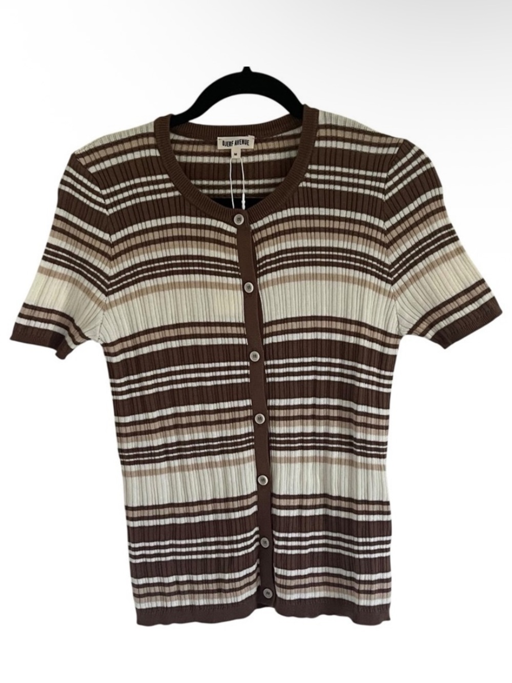 Djerf Avenue Knitted Short Sleeve Cardigan in Brown Stripe NWT Medium